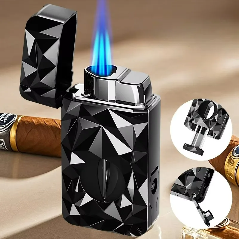 Diamond Cut Surface Multi-Functional Metal Cigar Lighter - Windproof V-Cut with Three Blue Torches Portable Gas Lighter for Men
Diamond Cut Surface Multi-Functional Metal Cigar Lighter - Windproof V-Cut with Three Blue Torches Portable Gas Lighter for Men