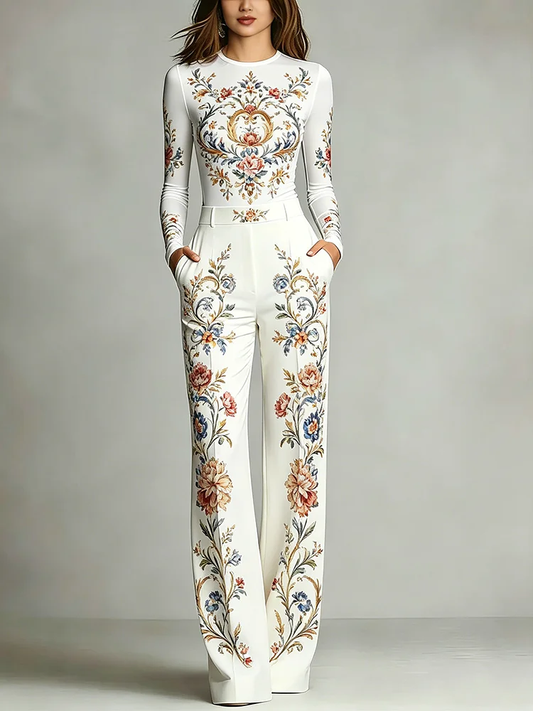 Women's Elegant Floral 2 Piece Set Baroque Style Flower Print Long Sleeve Crew Neck Top & Wide Leg Pants Business Office Casual
Women's Elegant Floral 2 Piece Set Baroque Style Flower Print Long Sleeve Crew Neck Top & Wide Leg Pants Business Office Casual