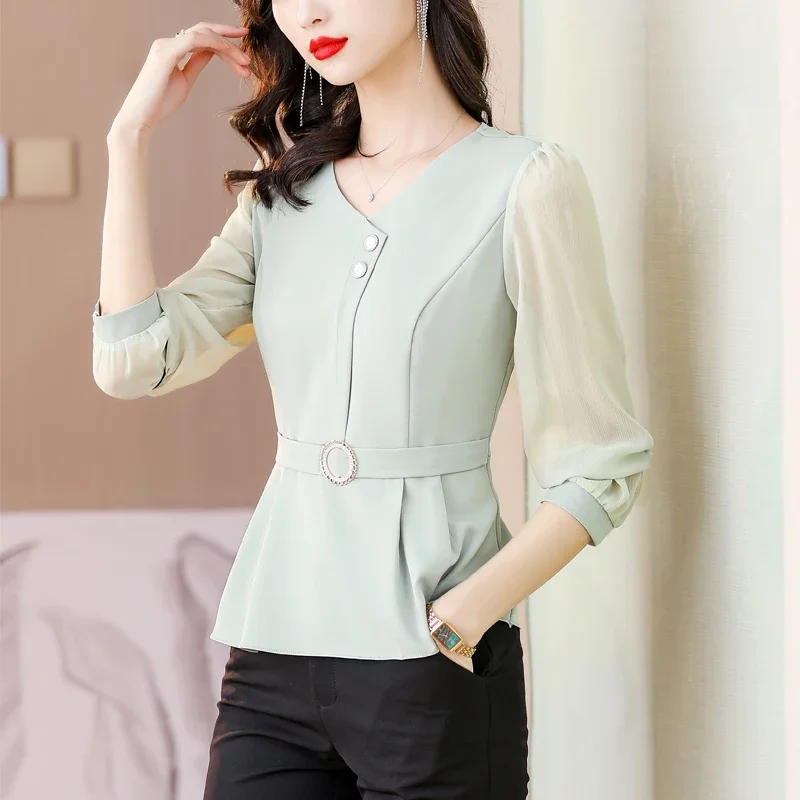 Korean Fashion Solid Belt Casual Blouse Female Long Sleeve V-neck Simple All-match Button Chiffon Shirts Women's Clothing ZL564
Korean Fashion Solid Belt Casual Blouse Female Long Sleeve V-neck Simple All-match Button Chiffon Shirts Women's Clothing ZL564