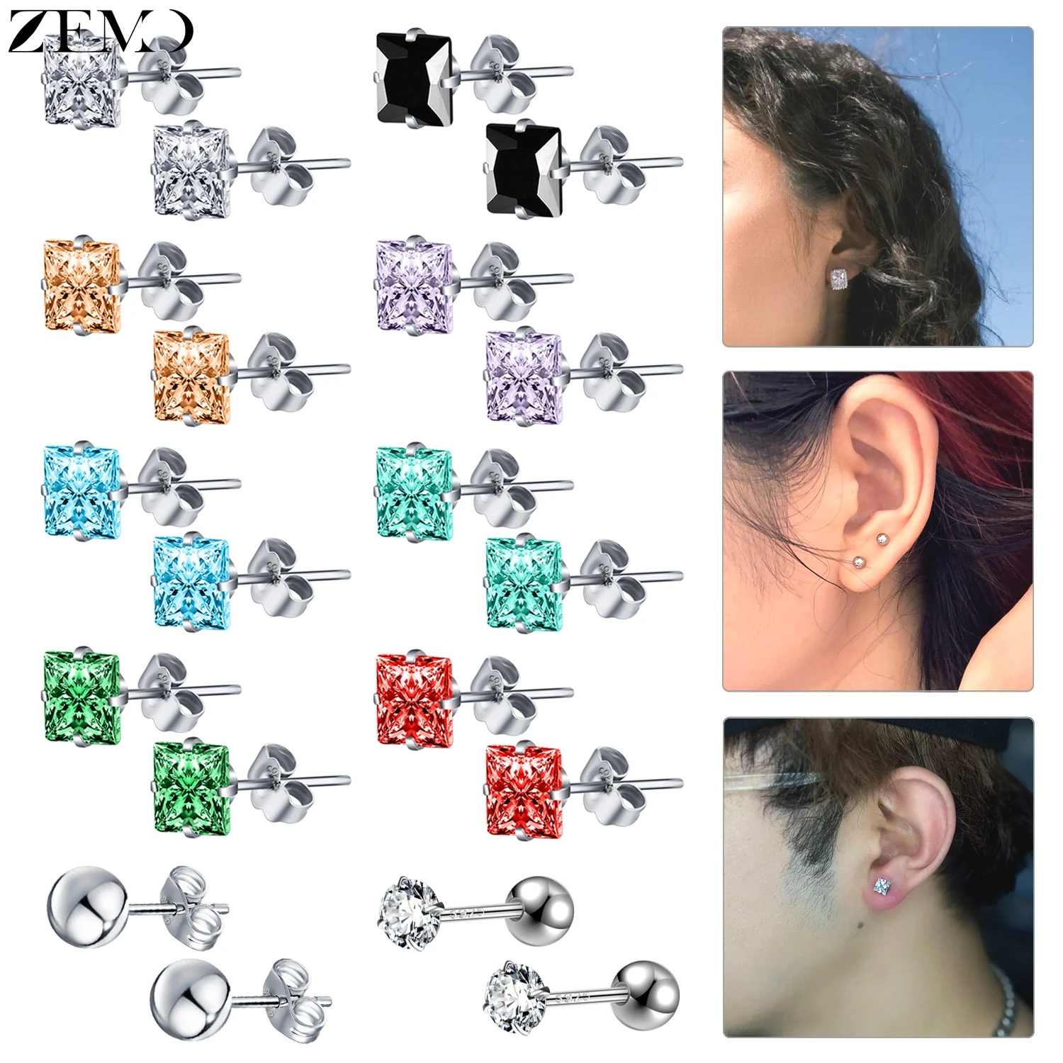 ZEMO 1 Pair 925 Sterling Silver Stud Earrings Girls Women Colorful CZ Crystal Ear Studs Ball Square Helix Tragus Piercings 20G
ZEMO 1 Pair 925 Sterling Silver Stud Earrings Girls Women Colorful CZ Crystal Ear Studs Ball Square Helix Tragus Piercings 20G