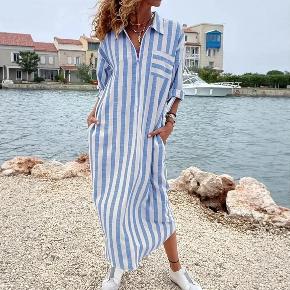 Elegant Casual Loose Striped Shirt Long-sleeved Dress Spring Summer Women's Vacation Fashion Zipper Pocket Long Shirt Dresses
Elegant Casual Loose Striped Shirt Long-sleeved Dress Spring Summer Women's Vacation Fashion Zipper Pocket Long Shirt Dresses