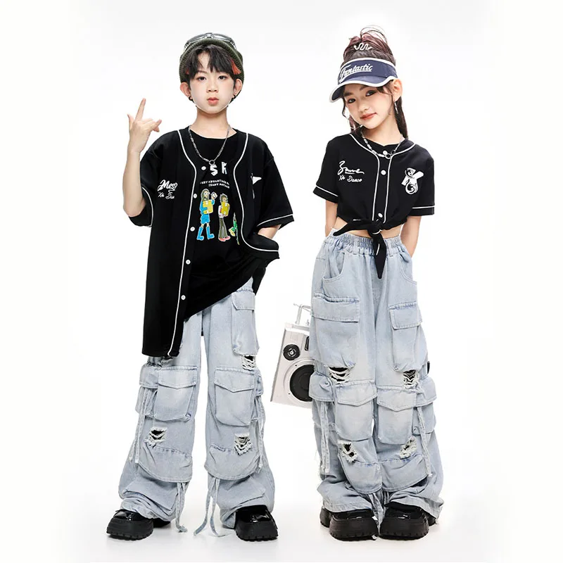 Kid Kpop Hip Hop Clothing Black Crop Baseball Shirt Top Denim Blue Ripped Cargo Jeans Pants for Girl Boy Dance Costume Clothes
Kid Kpop Hip Hop Clothing Black Crop Baseball Shirt Top Denim Blue Ripped Cargo Jeans Pants for Girl Boy Dance Costume Clothes