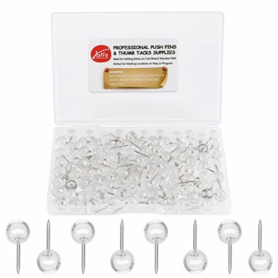 Push Pins 1/3 Inch Map Tacks 100-Count Large Size Pins Steel Point and Transparent Plastic Round Head
Push Pins 1/3 Inch Map Tacks 100-Count Large Size Pins Steel Point and Transparent Plastic Round Head