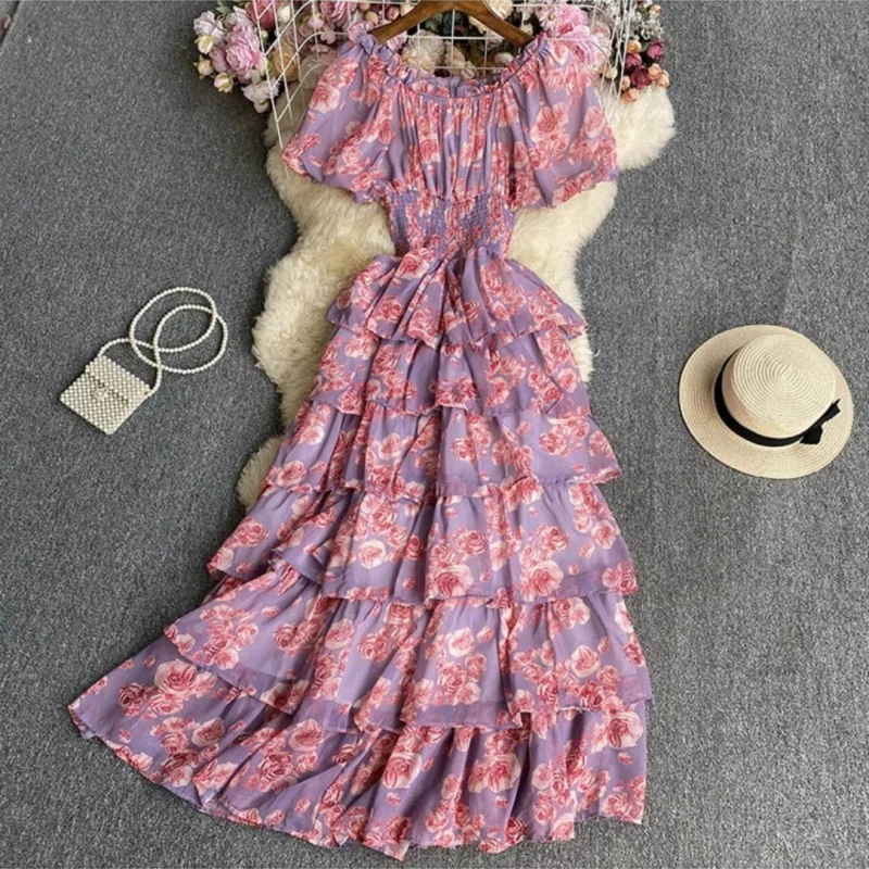 Vintage Floral Chiffon Dress Women Summer Puff Short Sleeves Waist Cinching Slimming Vacation High End Cake Dress
Vintage Floral Chiffon Dress Women Summer Puff Short Sleeves Waist Cinching Slimming Vacation High End Cake Dress