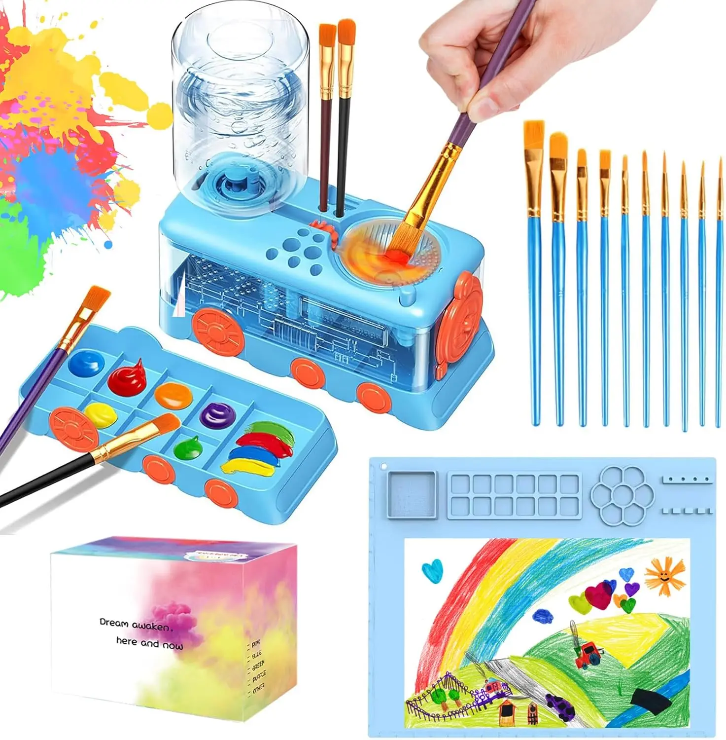 Kids Paint Brush Cleaning Kit with 5 Brushes, Smock, Mat, Guidebook, Spiral Cleaner Jar, Blue
Kids Paint Brush Cleaning Kit with 5 Brushes, Smock, Mat, Guidebook, Spiral Cleaner Jar, Blue