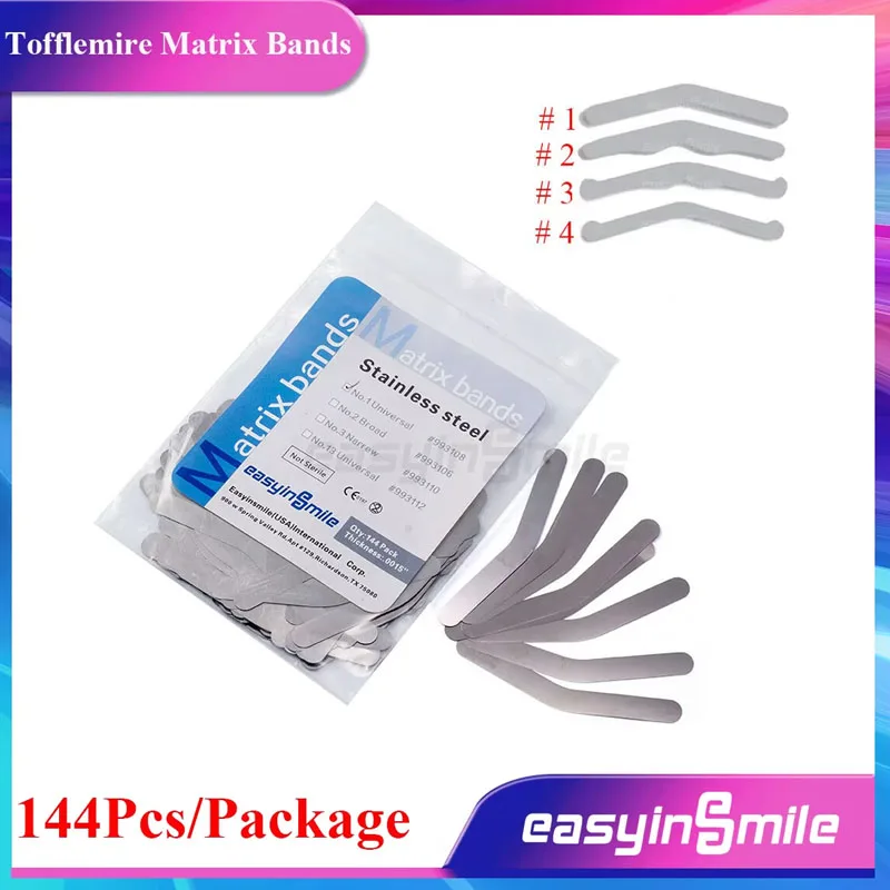 EASYINSMILE 144Pc стоматологические универсальные Матричные полосы Tofflemire из нержавеющей стали. 0015 4 типа (#1/#2/#3/#4) 0,04 мм