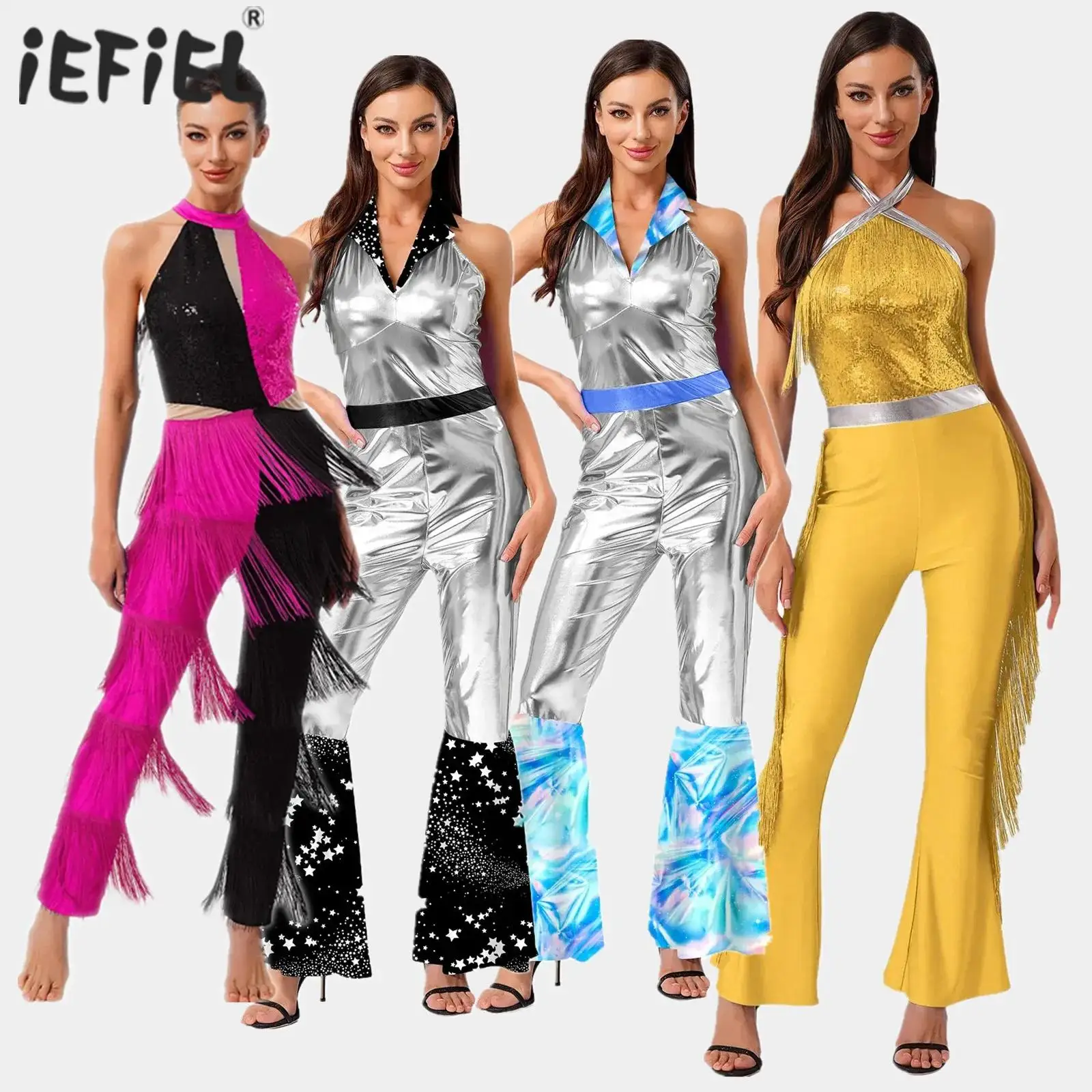 Women 70S Disco Halter Printed Shinny Flared Jumpsuit Hippie Waltz Jazz Latin Tango Dance Performance Costume Vintage Clubwear
Women 70S Disco Halter Printed Shinny Flared Jumpsuit Hippie Waltz Jazz Latin Tango Dance Performance Costume Vintage Clubwear