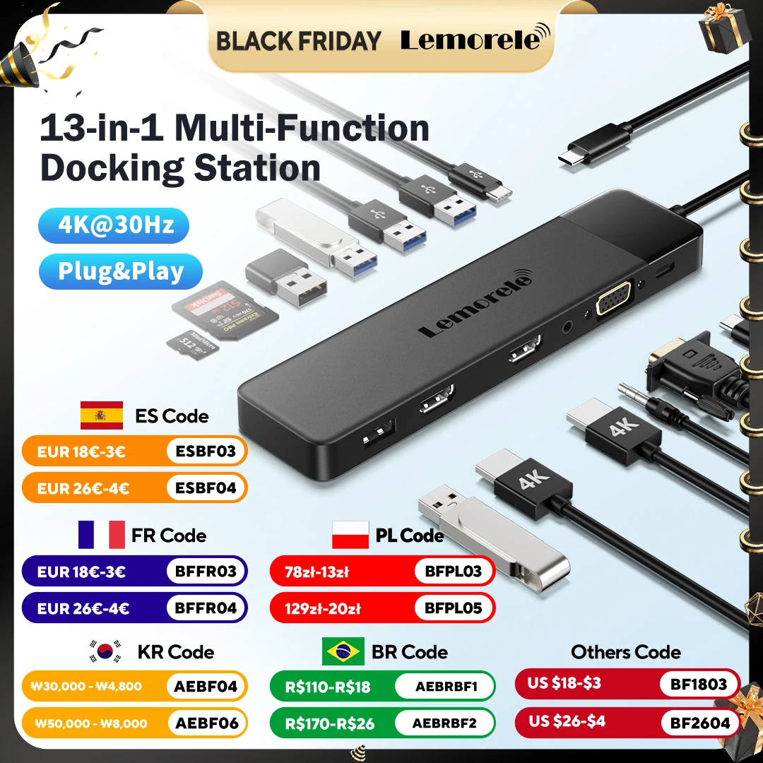 Док-станция Lemorele USB C HUB 13-в-1 4K30Hz HDMI USB3.0 PD100W RJ45 VGA SDTF USB-разветвитель для ноутбука Macbook Pro Air iPad
Док-станция Lemorele USB C HUB 13-в-1 4K30Hz HDMI USB3.0 PD100W RJ45 VGA SDTF USB-разветвитель для ноутбука Macbook Pro Air iPad