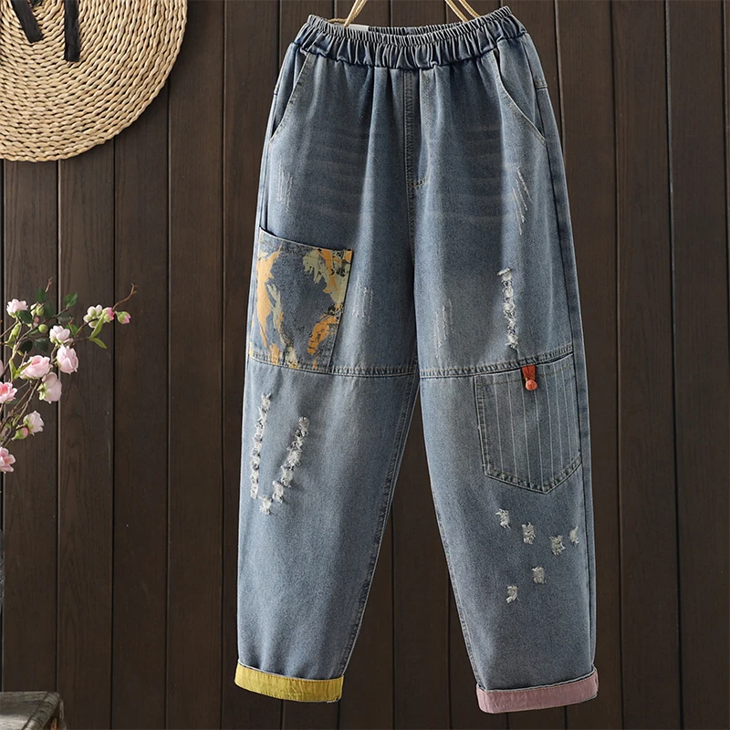 Slimming Effect Summer New Patchwork Printed Casual Jeans 9-Length Pants Faded Elastic Waist Loose Fit Cotton Blend Trousers
Slimming Effect Summer New Patchwork Printed Casual Jeans 9-Length Pants Faded Elastic Waist Loose Fit Cotton Blend Trousers