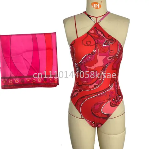 Women's Red Scarf Sling Swimsuits Lady Scarf Bikini Sets with Letter Signature Logo