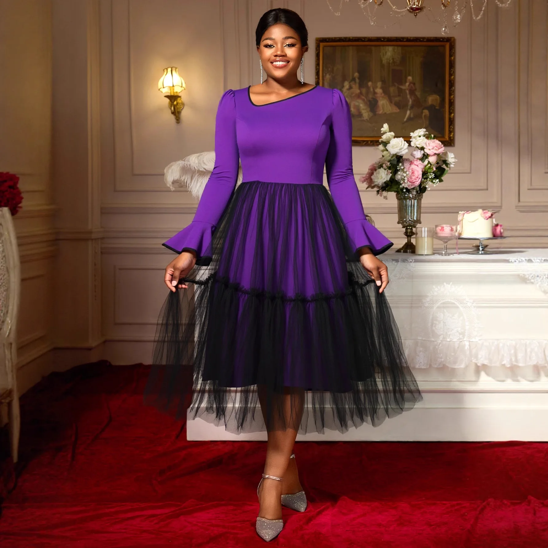 Plus Size Women's Clothing Purple Bell Sleeve Mesh Splicing Dress Romantic Elegant Fairy Style Long Dress Elegantes Casual Y2k
Plus Size Women's Clothing Purple Bell Sleeve Mesh Splicing Dress Romantic Elegant Fairy Style Long Dress Elegantes Casual Y2k