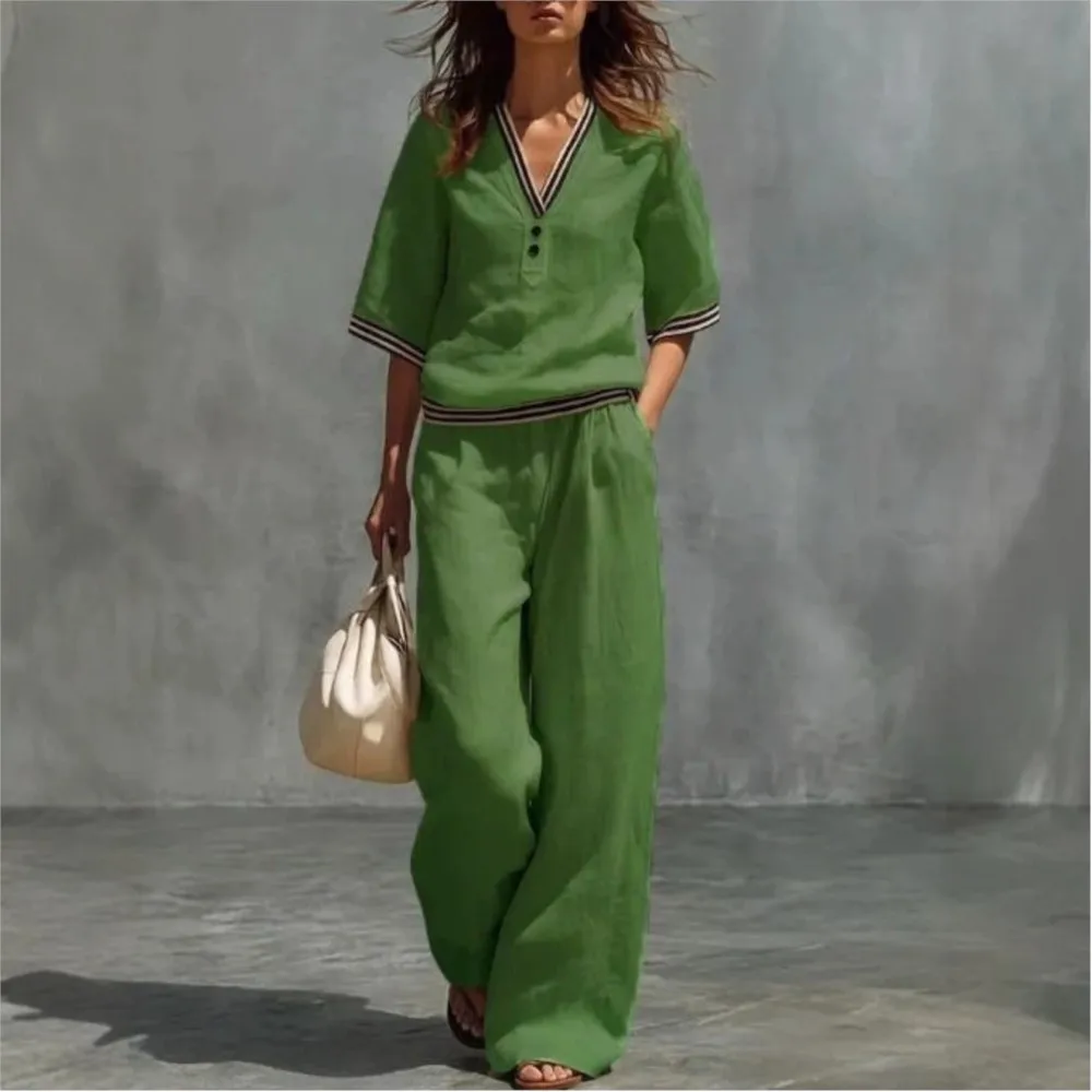 Fashion Linen Striped Color Block V-neck Short-sleeved Top Women Suit Summer Casual Daily Versatile Wide-leg Trousers-2piece Set
Fashion Linen Striped Color Block V-neck Short-sleeved Top Women Suit Summer Casual Daily Versatile Wide-leg Trousers-2piece Set