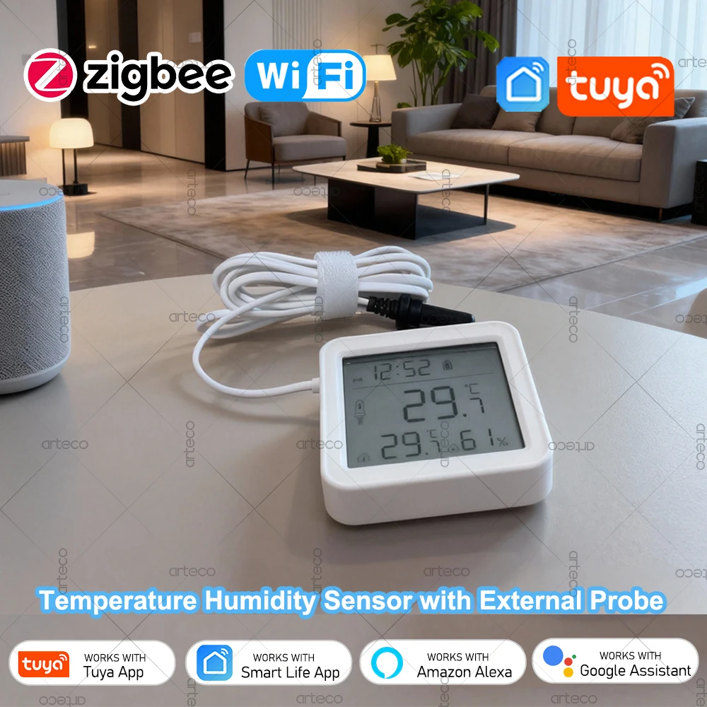 Датчик температуры и влажности Wi-Fi Zigbee с внешним зондом, цифровой ЖК-экран, работает с приложением Tuya Smart Alexa Google Assistant
Датчик температуры и влажности Wi-Fi Zigbee с внешним зондом, цифровой ЖК-экран, работает с приложением Tuya Smart Alexa Google Assistant