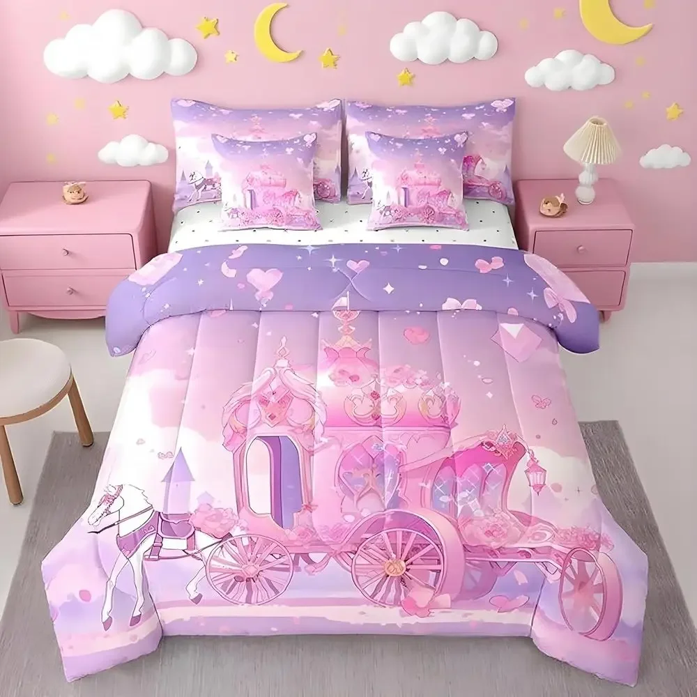 Pink Princess Carriage 7-Piece Queen Bedding Set with Heart-Printed Sheets
Pink Princess Carriage 7-Piece Queen Bedding Set with Heart-Printed Sheets