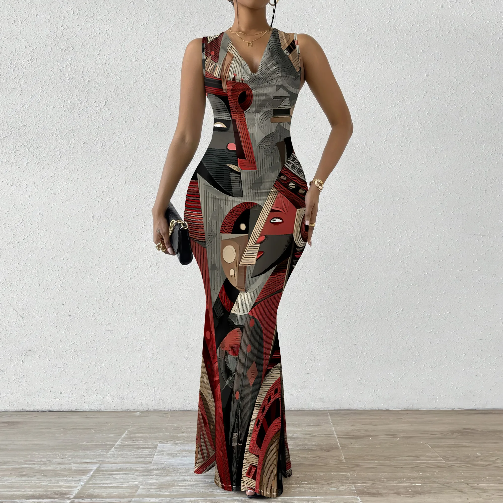 Abstract Tribal Face Print Bodycon Maxi Dress XS-2XL Sleeveless Style for Art Show, Cultural Event or Gallery Look
Abstract Tribal Face Print Bodycon Maxi Dress XS-2XL Sleeveless Style for Art Show, Cultural Event or Gallery Look