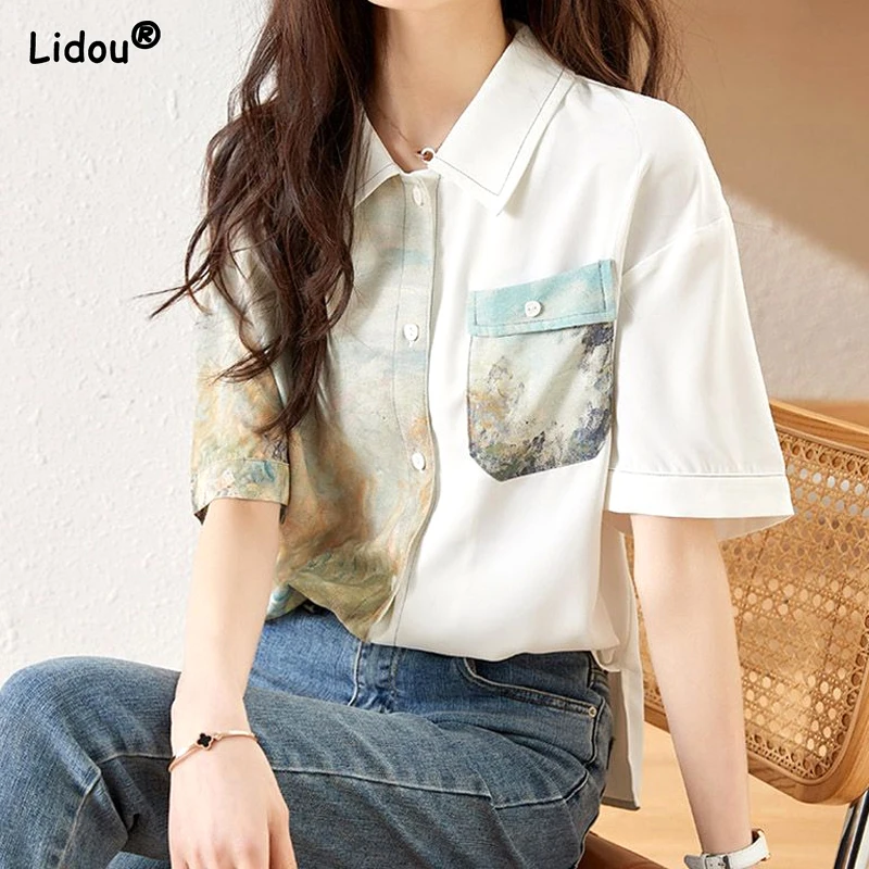 Office Lady Fashion Casual Blouses Short Sleeve Asymmetrical Printing Pockets Turn-down Collar Simplicity Loose Women's Clothing
Office Lady Fashion Casual Blouses Short Sleeve Asymmetrical Printing Pockets Turn-down Collar Simplicity Loose Women's Clothing