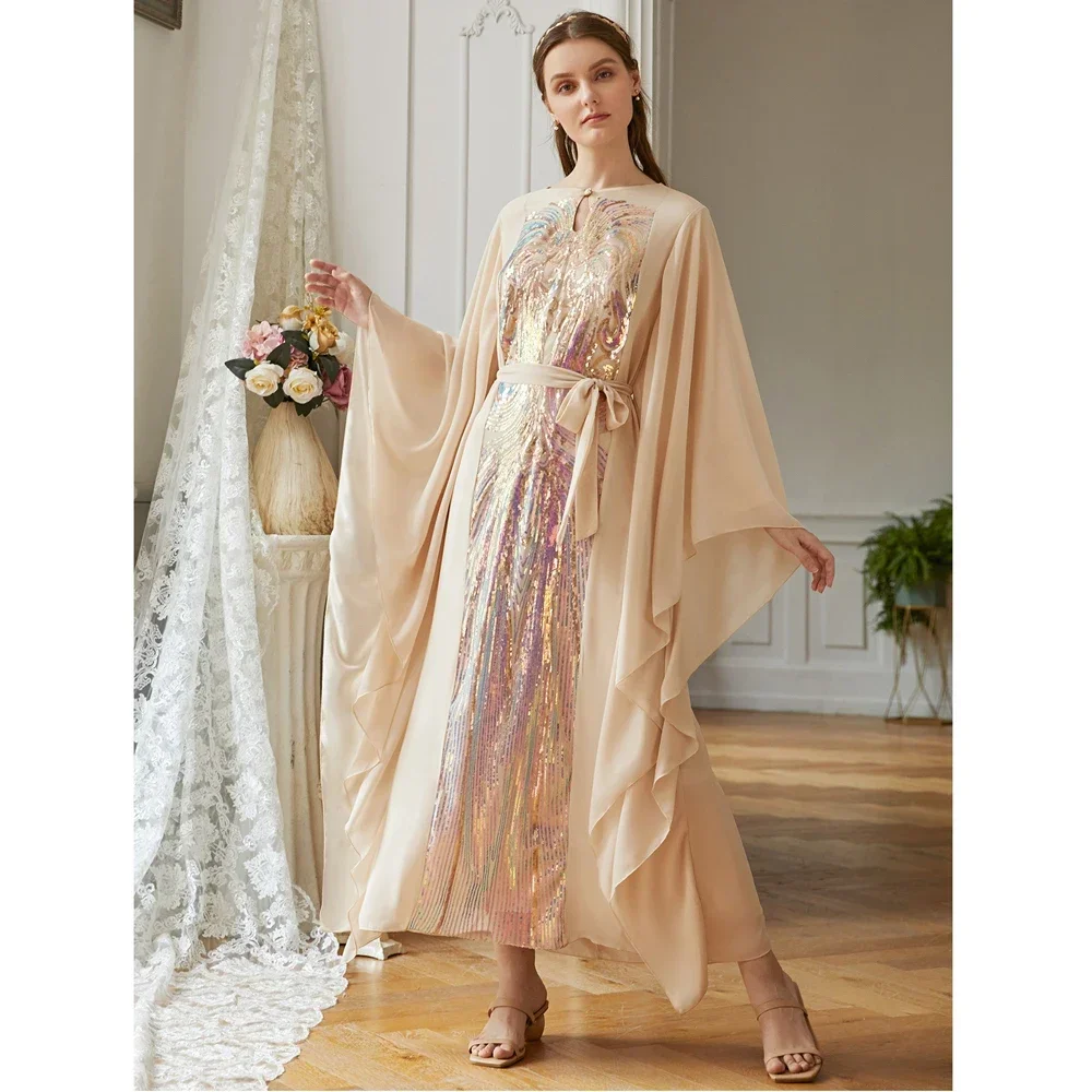 Women Chiffon Abaya Long Dress Sequins Batwing Sleeve Loose Arab Dress Muslim Loose Arab Dress Kaftan Elegant Party Fashion
Women Chiffon Abaya Long Dress Sequins Batwing Sleeve Loose Arab Dress Muslim Loose Arab Dress Kaftan Elegant Party Fashion