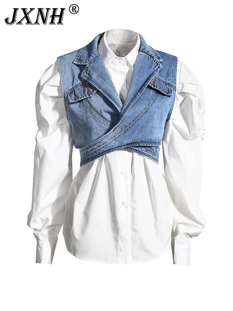 Loose Bubble Sleeved Shirt Top With Cross Tie Short Denim Vest Fashion Two-piece Set For Women 2024 New Fashion
Loose Bubble Sleeved Shirt Top With Cross Tie Short Denim Vest Fashion Two-piece Set For Women 2024 New Fashion