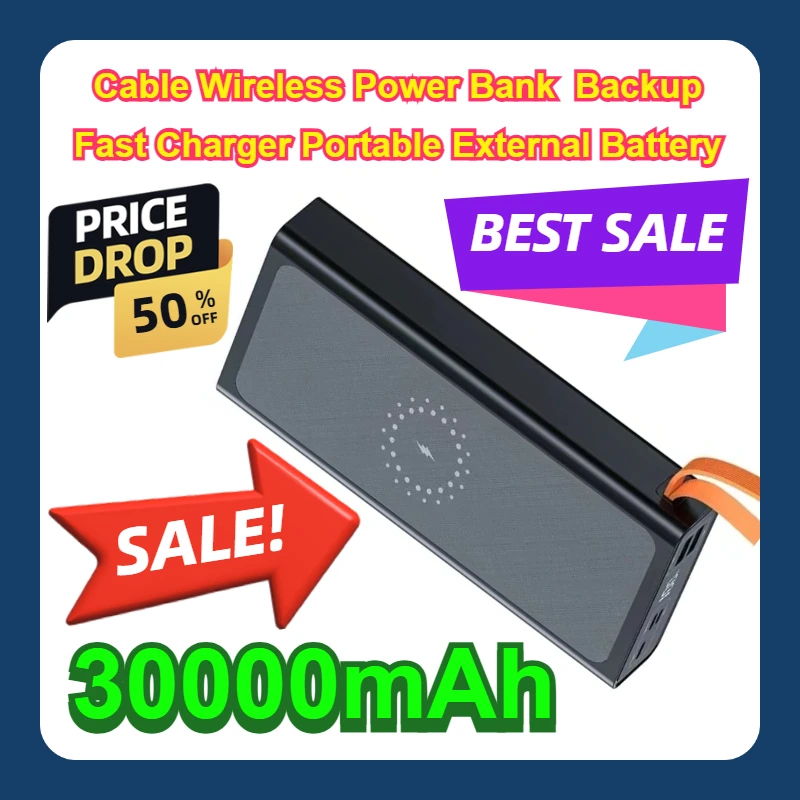 Cable Wireless 30000mAh Power Bank Backup Fast Charger Portable External Battery
Cable Wireless 30000mAh Power Bank Backup Fast Charger Portable External Battery