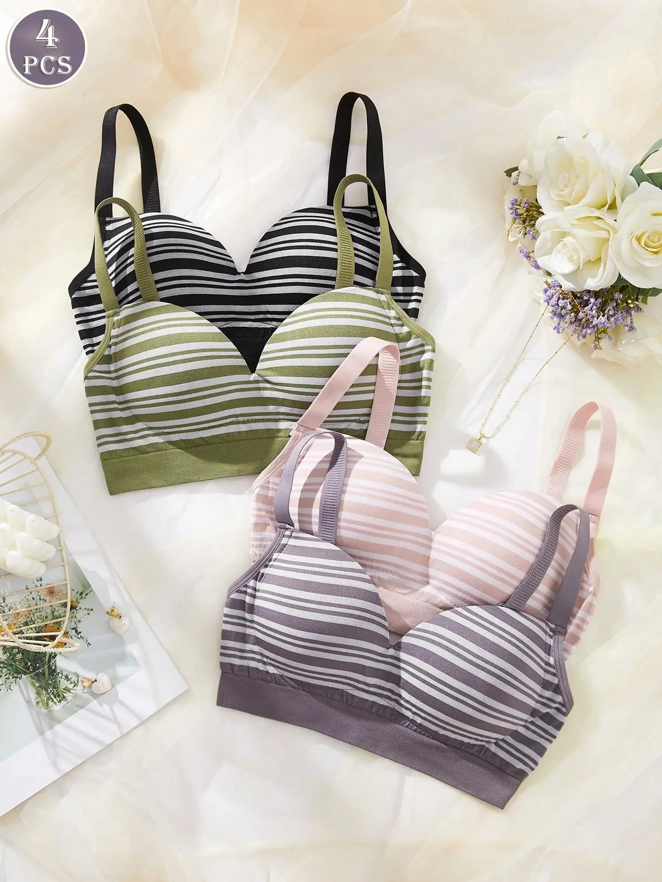 4-Pack Women's Striped Seamless Bra Set, Adjustable Straps, Wire-Free Comfort Fit
4-Pack Women's Striped Seamless Bra Set, Adjustable Straps, Wire-Free Comfort Fit