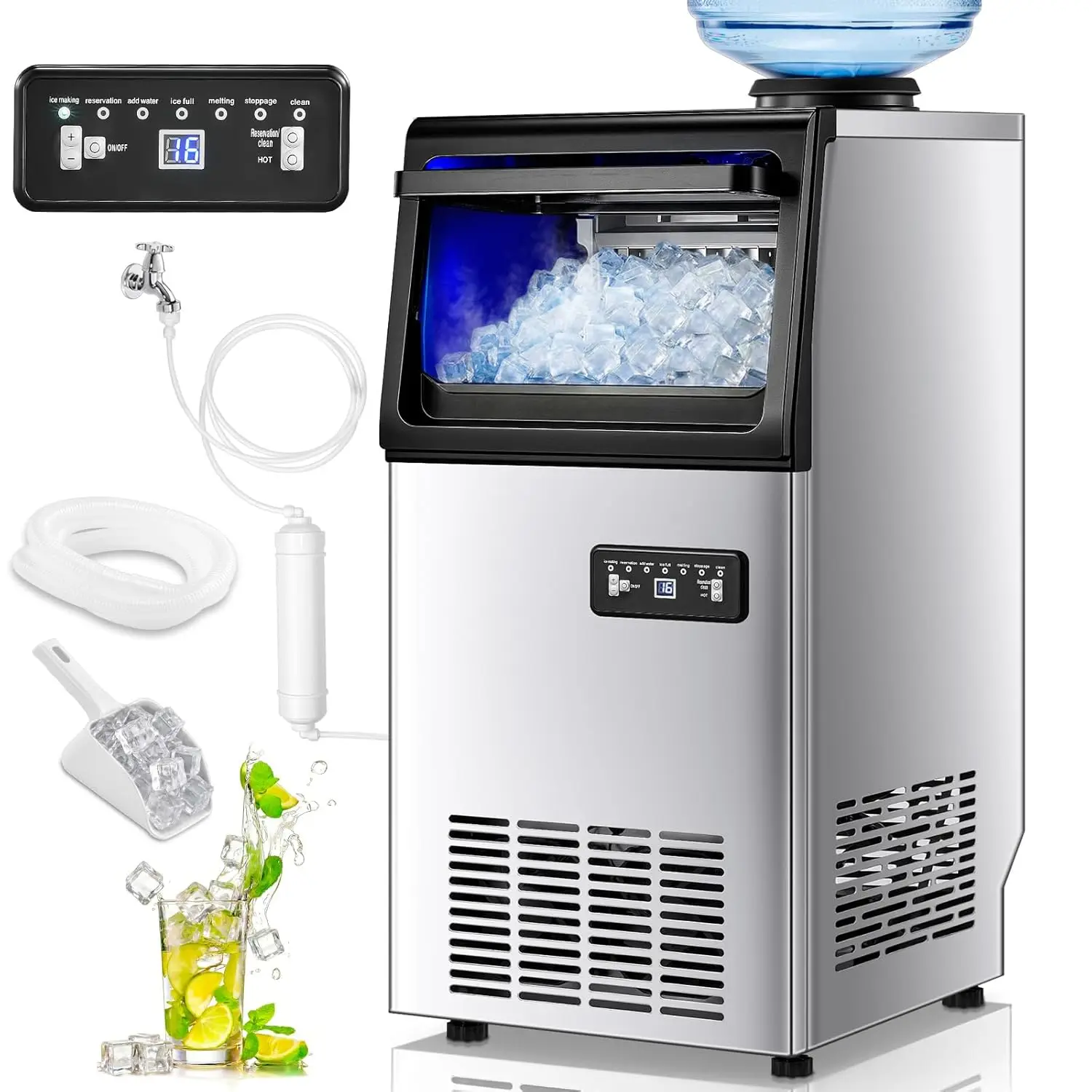 Commercial Ice Maker Machine, 100LBS/24H Freestanding & Undercounter Ice Machine with 2 Water Inlets, 40 PCS/Cycle and 24LBS
Commercial Ice Maker Machine, 100LBS/24H Freestanding & Undercounter Ice Machine with 2 Water Inlets, 40 PCS/Cycle and 24LBS