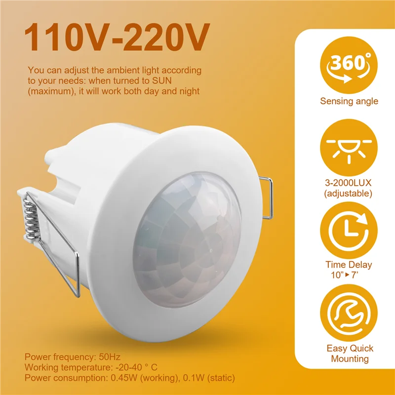 AED7-110V-220V 360° ° Инфракрасный встраиваемый PIR-потолочный датчик движения, датчик света
AED7-110V-220V 360° ° Инфракрасный встраиваемый PIR-потолочный датчик движения, датчик света
