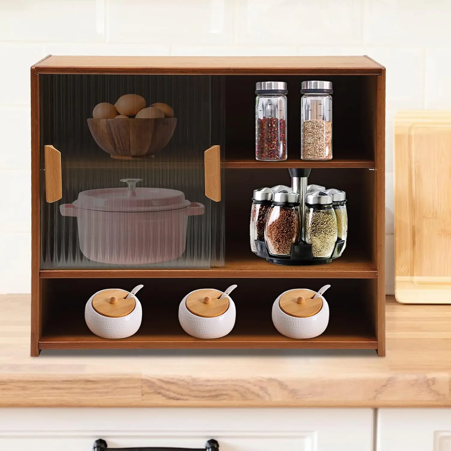 Small Bamboo Kitchen Pantry Sideboard, Countertop Kitchen Pantry Storage Cabinet with 2 Sliding Striped Glass, Customized
Small Bamboo Kitchen Pantry Sideboard, Countertop Kitchen Pantry Storage Cabinet with 2 Sliding Striped Glass, Customized