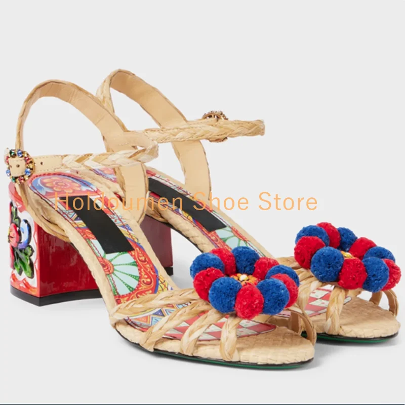 New Style Pompom Embellished Exquisite Printing Peep Toe Fashion Sandal Ankle Strap Rhinestone Buckle Chunky Heel Braided Sandal
New Style Pompom Embellished Exquisite Printing Peep Toe Fashion Sandal Ankle Strap Rhinestone Buckle Chunky Heel Braided Sandal