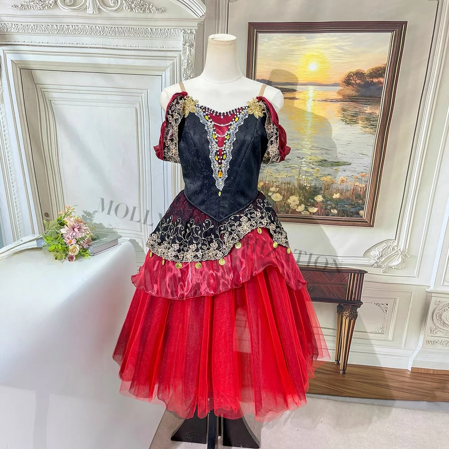 High-end new custom black and red Esmeralda variation ballet competition performance long gauze skirt for adults and children
High-end new custom black and red Esmeralda variation ballet competition performance long gauze skirt for adults and children