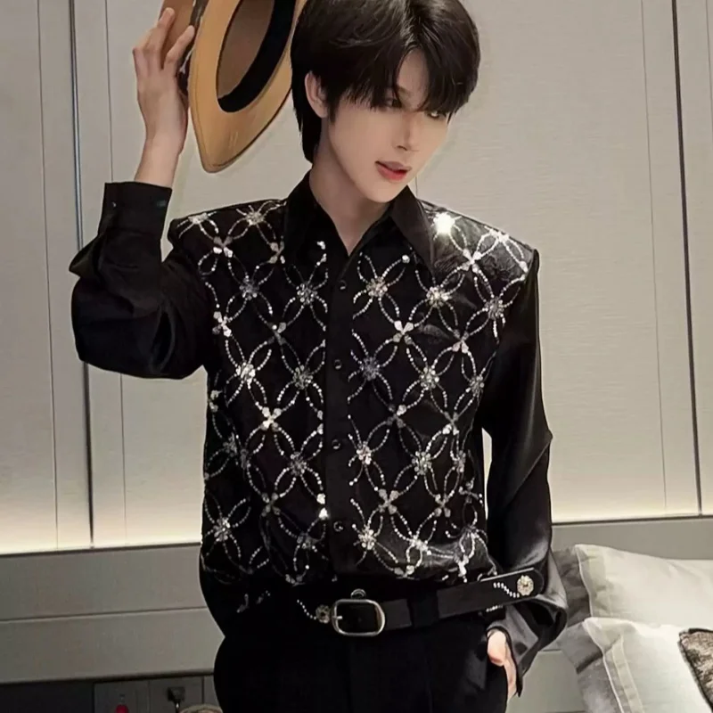 Black Diamond Sequin Long Sleeve Padded Shoulder Shirts For Man Niche Lace Splicing Design Retro Luxury Style Fashionable
Black Diamond Sequin Long Sleeve Padded Shoulder Shirts For Man Niche Lace Splicing Design Retro Luxury Style Fashionable