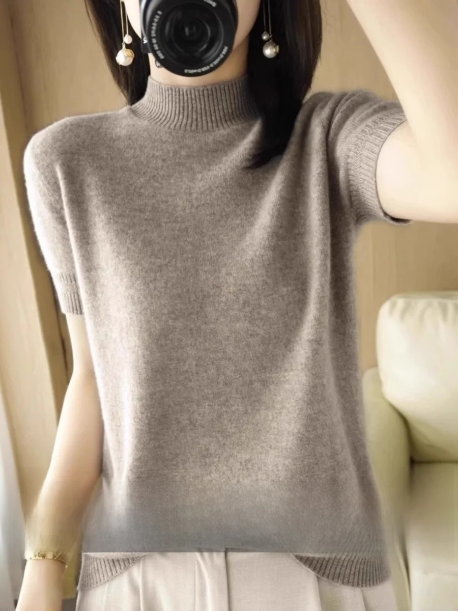 Cashmere Knitted Short Sleeve Top Women's Spring Fashion Inner Wear Half High Collar Wool Base Shirt Half Sleeve T-Shirt
Cashmere Knitted Short Sleeve Top Women's Spring Fashion Inner Wear Half High Collar Wool Base Shirt Half Sleeve T-Shirt