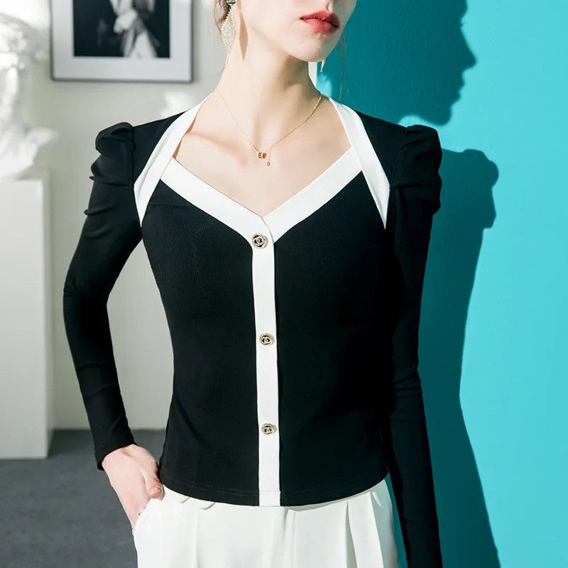 2023 Spring and Autumn V-neck Top Single Breasted Simple Slim Women White Black Patchwork Clothes
2023 Spring and Autumn V-neck Top Single Breasted Simple Slim Women White Black Patchwork Clothes