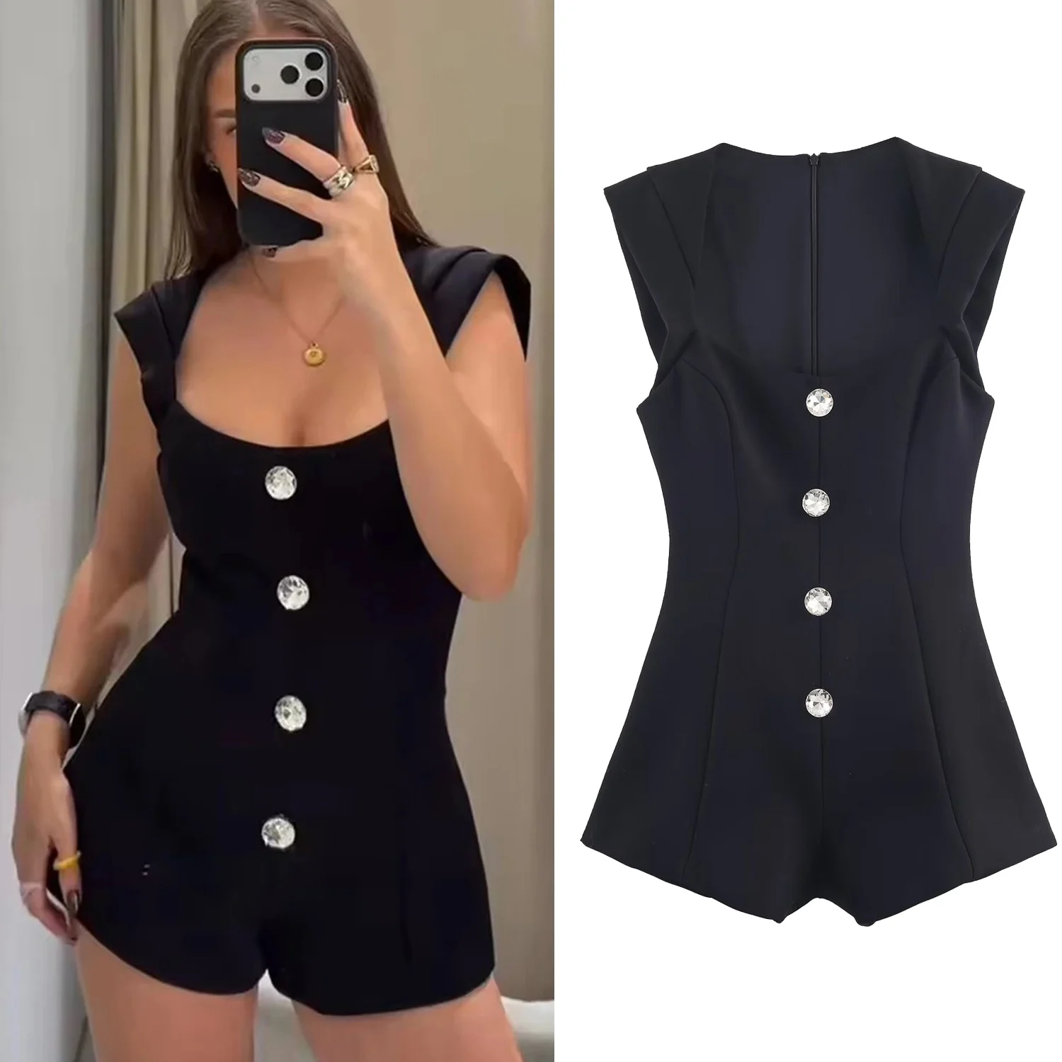 Женский черный комбинезон с квадратным воротником, весна-лето, новый ювелирный комбинезон без рукавов, украшенный пуговицами, сексуальный модный женский короткий комбинезон
Женский черный комбинезон с квадратным воротником, весна-лето, новый ювелирный комбинезон без рукавов, украшенный пуговицами, сексуальный модный женский короткий комбинезон