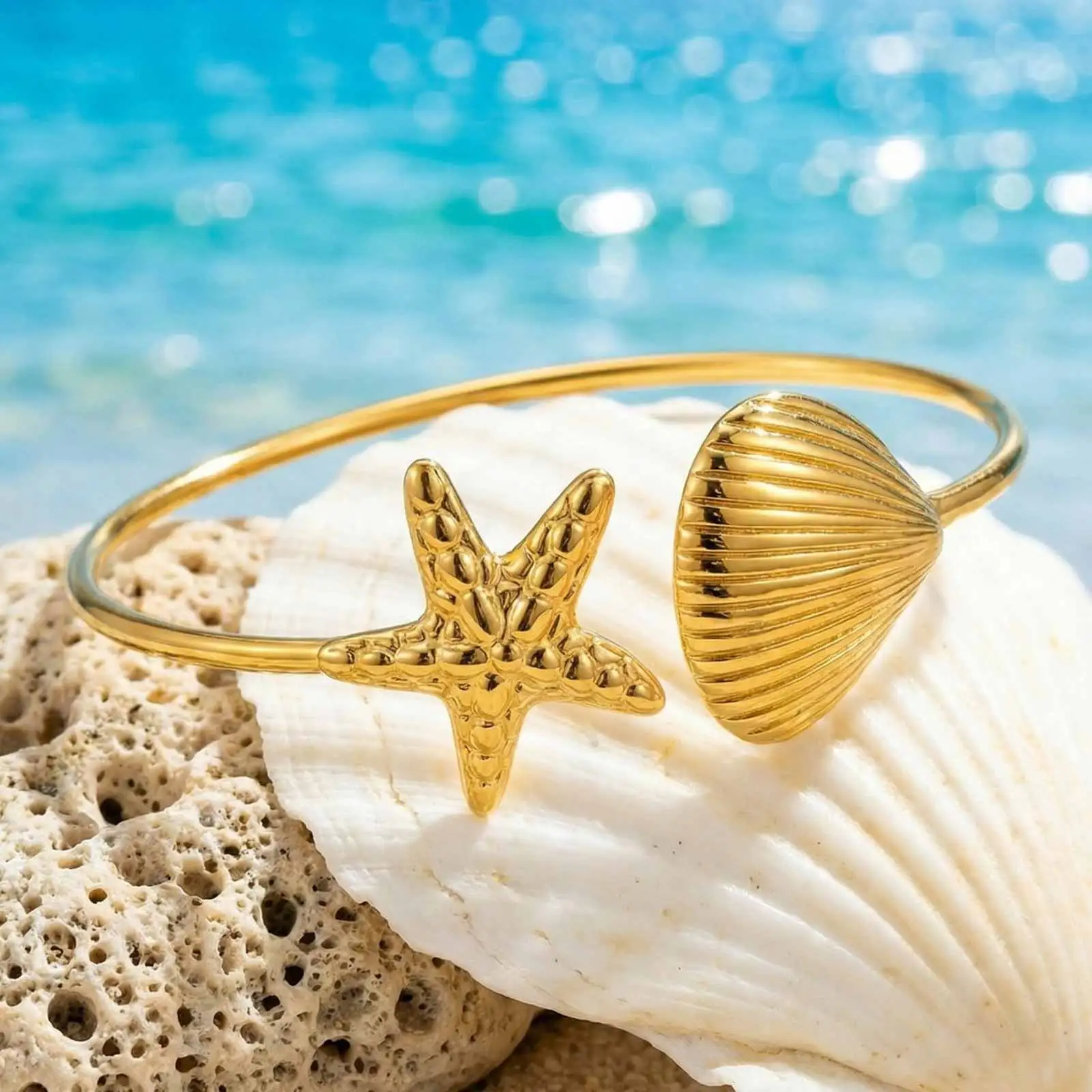 Vintage Ocean Style Shell Starfish Open Bangle, Stainless Steel Gold Plated Cuff Bracelet, Boho Beach Party Jewelry for Women
Vintage Ocean Style Shell Starfish Open Bangle, Stainless Steel Gold Plated Cuff Bracelet, Boho Beach Party Jewelry for Women