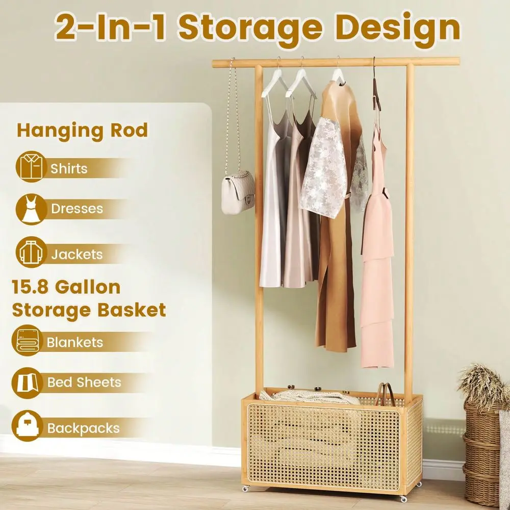 Bamboo Clothes Rack With Rattan Storage Basket Wheels, Rolling Garment Rack Brown Beige
Bamboo Clothes Rack With Rattan Storage Basket Wheels, Rolling Garment Rack Brown Beige