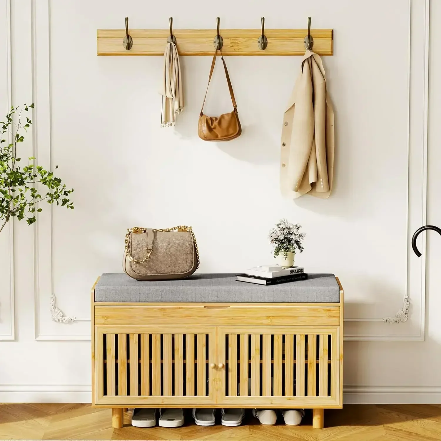 Coat Rack Shoe Bench Set, Bamboo Shoe Storage Bench with Seat Cushion & 5 Hooks, Hall Tree Entryway Bench with Lift Top Hidden
Coat Rack Shoe Bench Set, Bamboo Shoe Storage Bench with Seat Cushion & 5 Hooks, Hall Tree Entryway Bench with Lift Top Hidden