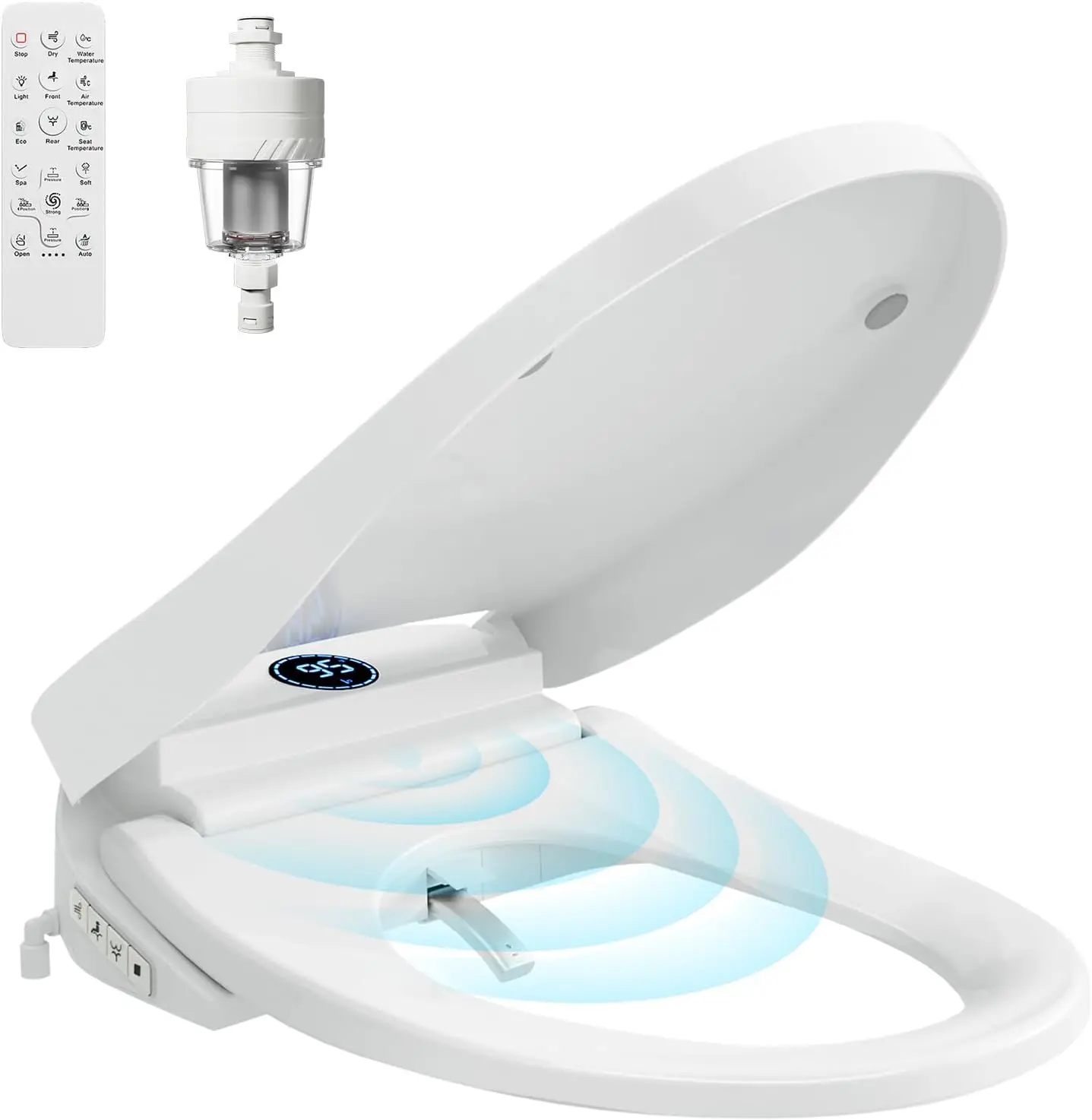 Smart Bidet Toilet Seat with Auto Lid, Heated Seat, Warm Water, Air Dryer, Remote Control & Multiple Modes
Smart Bidet Toilet Seat with Auto Lid, Heated Seat, Warm Water, Air Dryer, Remote Control & Multiple Modes