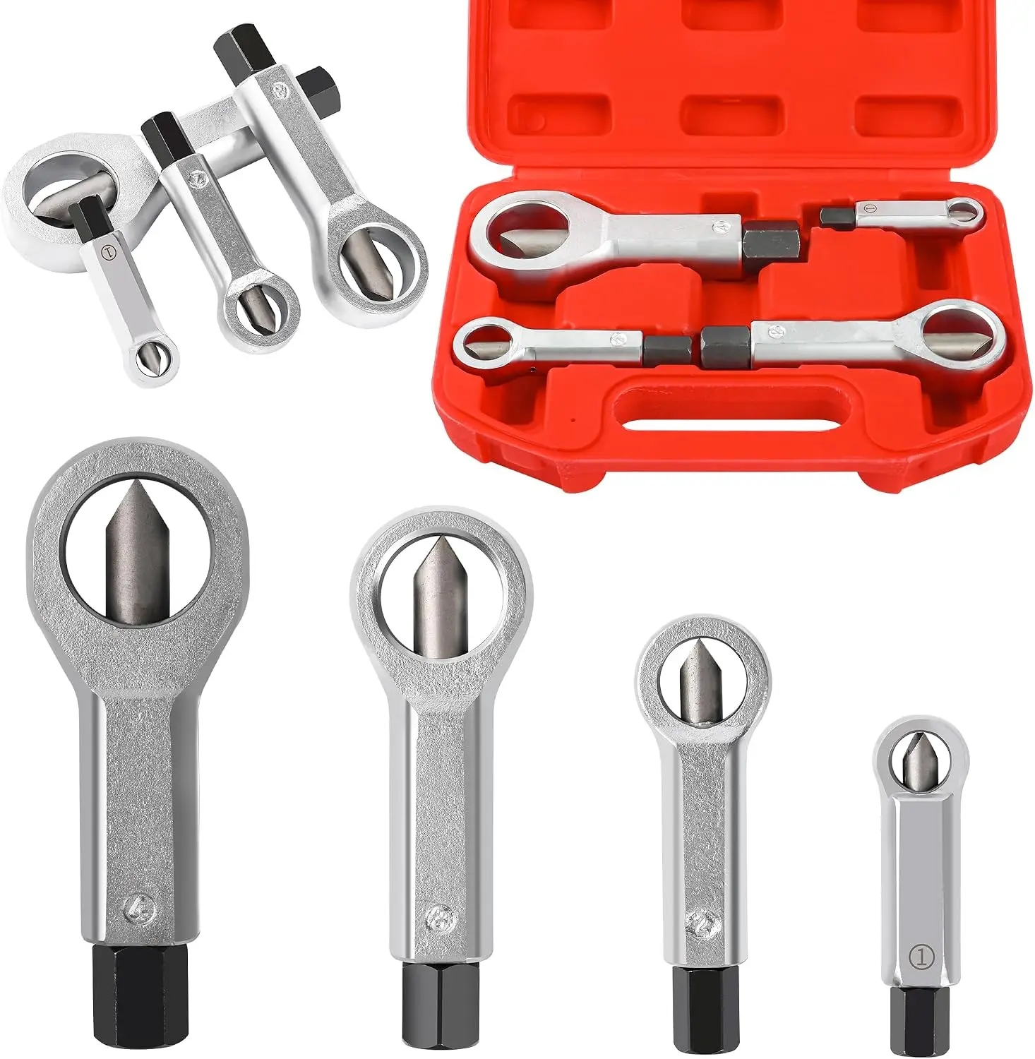 Nut Splitter Tool Heavy Duty 4PCS with Storage Box Rusted Nut Breaker Cracker Remover for Removing Broken Nut Hex Extractor Tool
Nut Splitter Tool Heavy Duty 4PCS with Storage Box Rusted Nut Breaker Cracker Remover for Removing Broken Nut Hex Extractor Tool