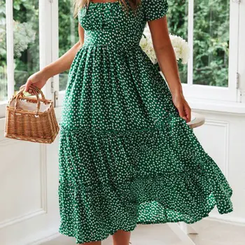 Vestidos Vintage Vintage Print Puff Sleeve summer Beach sweet dresses Casual Square collar floral maxi long dress festa