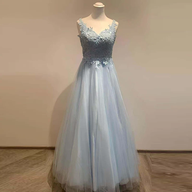 Light blue elegant V-neck long formal evening dress sleeveless sexy backless lace party ball dress
Light blue elegant V-neck long formal evening dress sleeveless sexy backless lace party ball dress