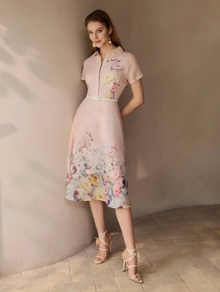 Pink Organza Floral Print Shirt Dress with Belted Waist and Short Sleeves
Pink Organza Floral Print Shirt Dress with Belted Waist and Short Sleeves