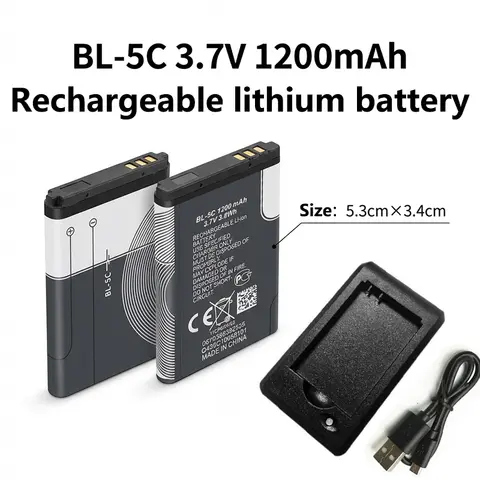 Batterie de téléphone PURFIELD BL-5C 1200mAh 3.7V pour Nokia BL5C 1100 6230 6600 1108 1112 1200 N70/91, chargeur de batterie de remplacement