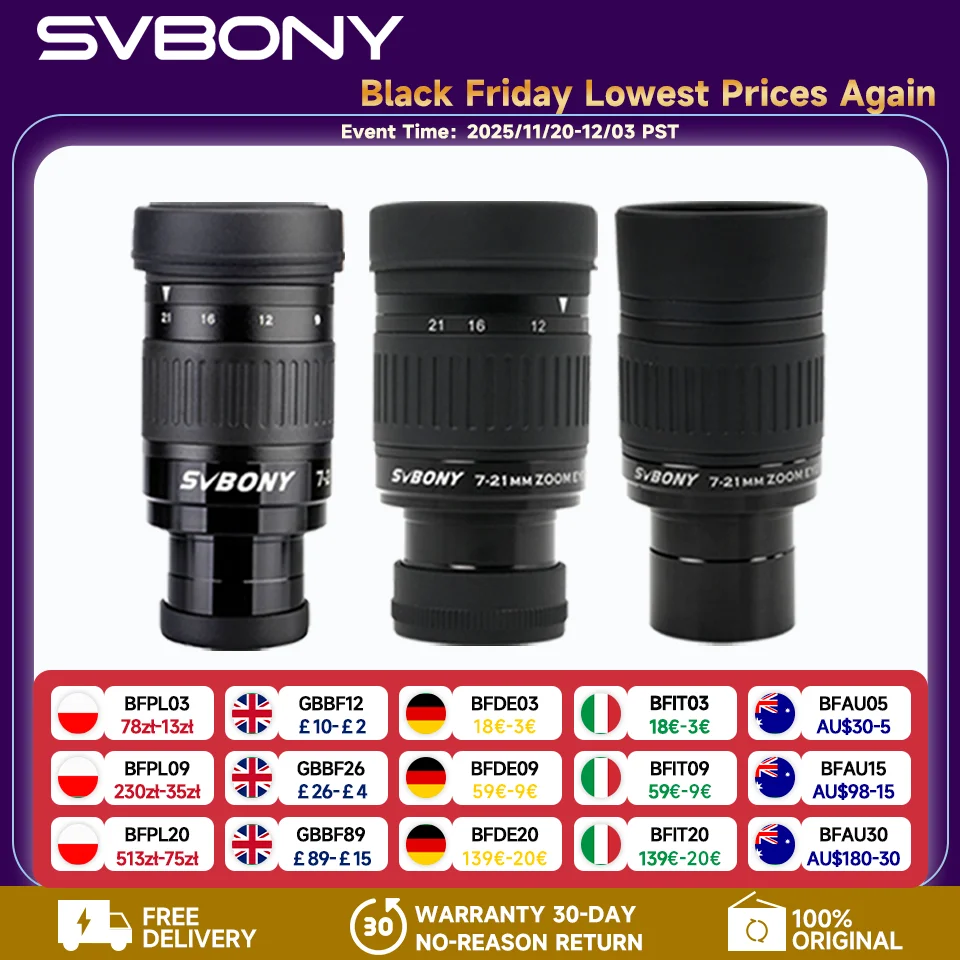 Svbony SV135 Zoom Eyepiece,7-21mm 1.25 Inch Telescope Eyepiece,6 Element 4 Group Telescope Accessories for Astronomic Telescopes
Svbony SV135 Zoom Eyepiece,7-21mm 1.25 Inch Telescope Eyepiece,6 Element 4 Group Telescope Accessories for Astronomic Telescopes