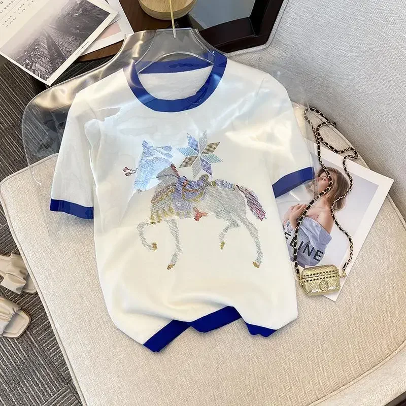 Women Casual Tshirt Patchwork Rhinestone Ice Silk Knitted T-shirt Summer Chic O Neck Short Sleeve Loose Tops Aesthetic Clothes
Women Casual Tshirt Patchwork Rhinestone Ice Silk Knitted T-shirt Summer Chic O Neck Short Sleeve Loose Tops Aesthetic Clothes