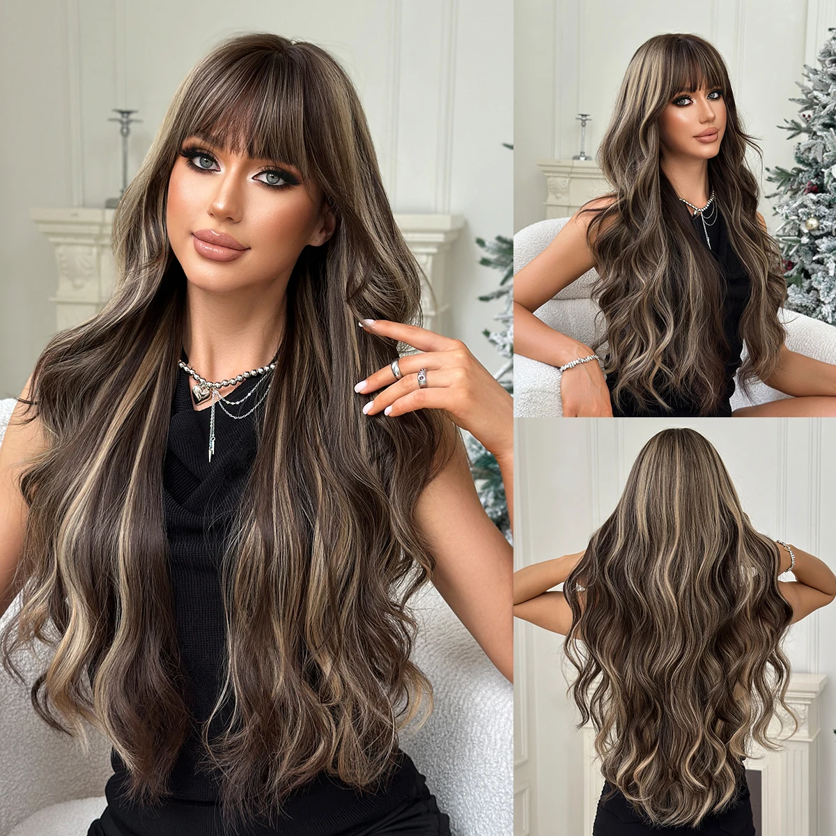 NAMM Long Wavy Brown Wig With Neat Bangs for Women Heat Resistant Fiber Hairpiece with, Natural Synthetic Full Machine Hair Wigs
NAMM Long Wavy Brown Wig With Neat Bangs for Women Heat Resistant Fiber Hairpiece with, Natural Synthetic Full Machine Hair Wigs