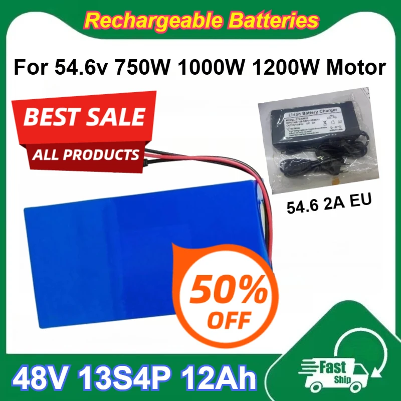 18650 48V 13S4P 12Ah Large Capacity Rechargeable Lithium Batteries with 54.6V 2A Charger for 54.6v 750W 1000W 1200W Motor
18650 48V 13S4P 12Ah Large Capacity Rechargeable Lithium Batteries with 54.6V 2A Charger for 54.6v 750W 1000W 1200W Motor