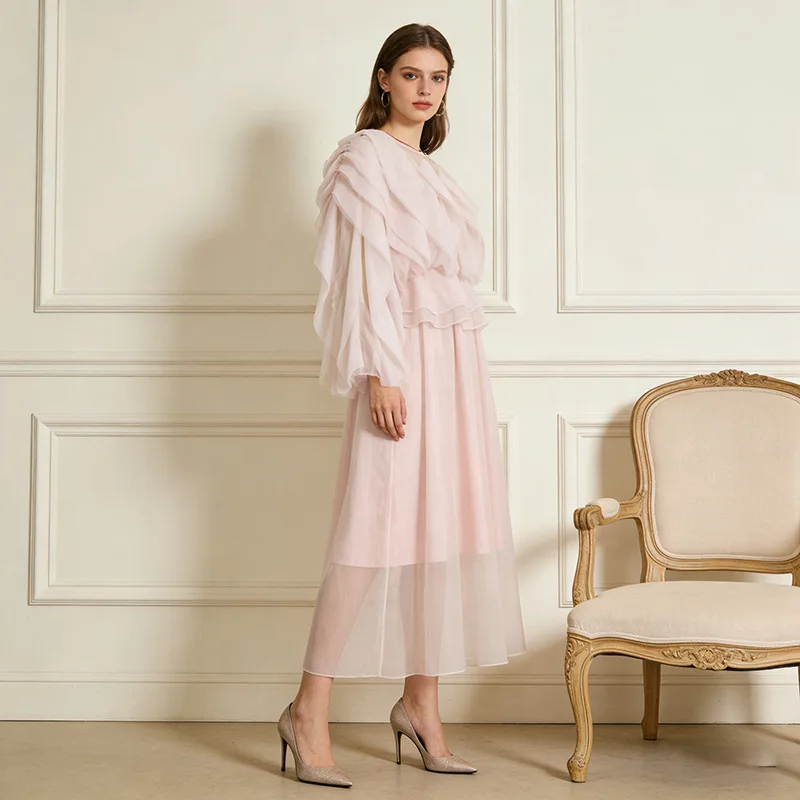 High Quality Mesh Splice Ruffle Dress Spring Women Round Neck Lace Up Long Sleeves Dress High Waist Pullover Knee Length Dress
High Quality Mesh Splice Ruffle Dress Spring Women Round Neck Lace Up Long Sleeves Dress High Waist Pullover Knee Length Dress
