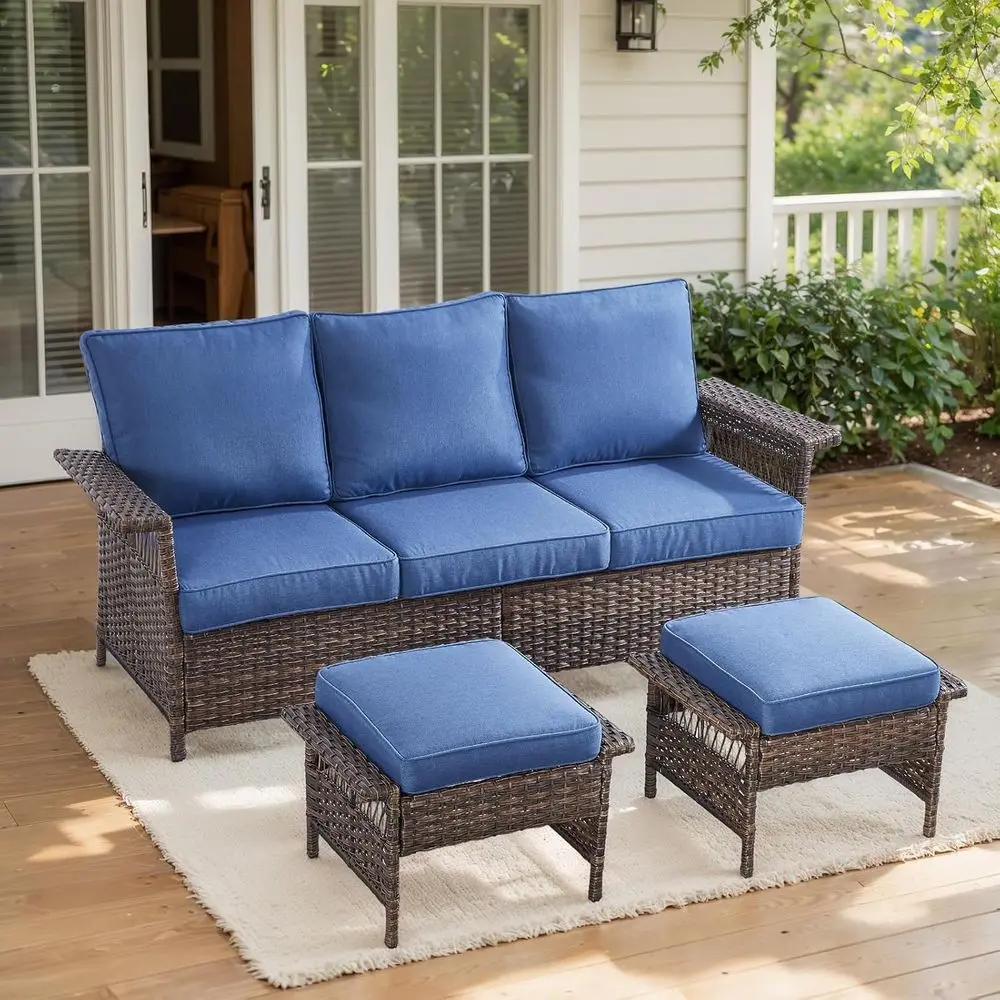 3-Piece Wicker Sofa Set with Ottomans and Blue Cushions for Patio, Garden, Balcony, and Outdoor Living
3-Piece Wicker Sofa Set with Ottomans and Blue Cushions for Patio, Garden, Balcony, and Outdoor Living