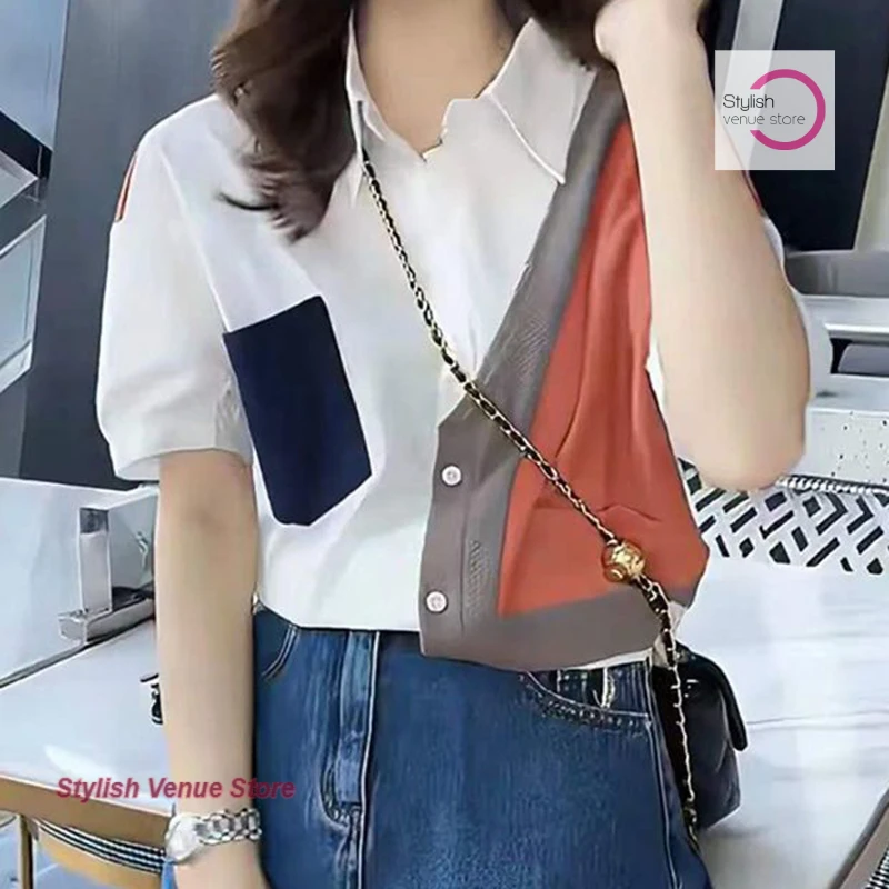 Splicing short-sleeved shirts women's summer new fashion high-end polo shirts loose French design tops unique chic shirts.
Splicing short-sleeved shirts women's summer new fashion high-end polo shirts loose French design tops unique chic shirts.