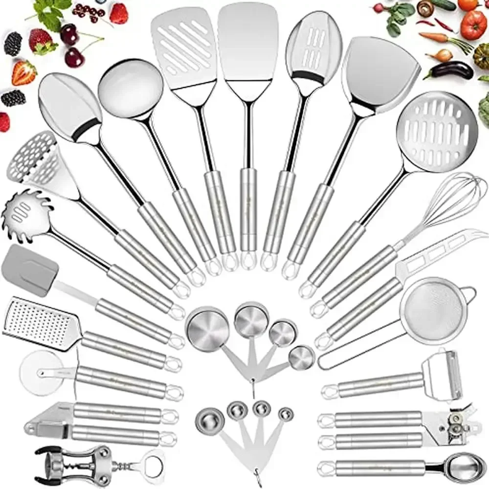 28-Piece Stainless Steel Kitchen Utensil Set Nonstick Cookware Spatula Ladle Whisk Tongs Pizza Cutter Cheese Grater Can Opener
28-Piece Stainless Steel Kitchen Utensil Set Nonstick Cookware Spatula Ladle Whisk Tongs Pizza Cutter Cheese Grater Can Opener